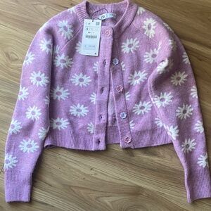 Zara Pink and White Floral Knit Cardigan